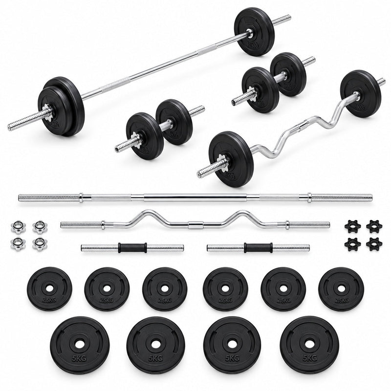 Kit barres et haltères 30 kg avec barre droite, barre EZ et haltères courts