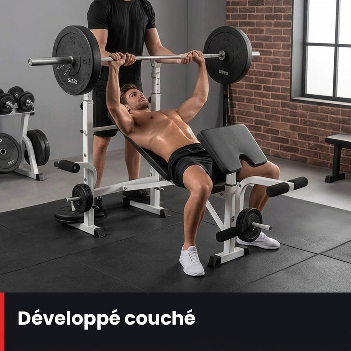 Banc de musculation multifonction avec support de barre – Curl pupitre & extension jambes