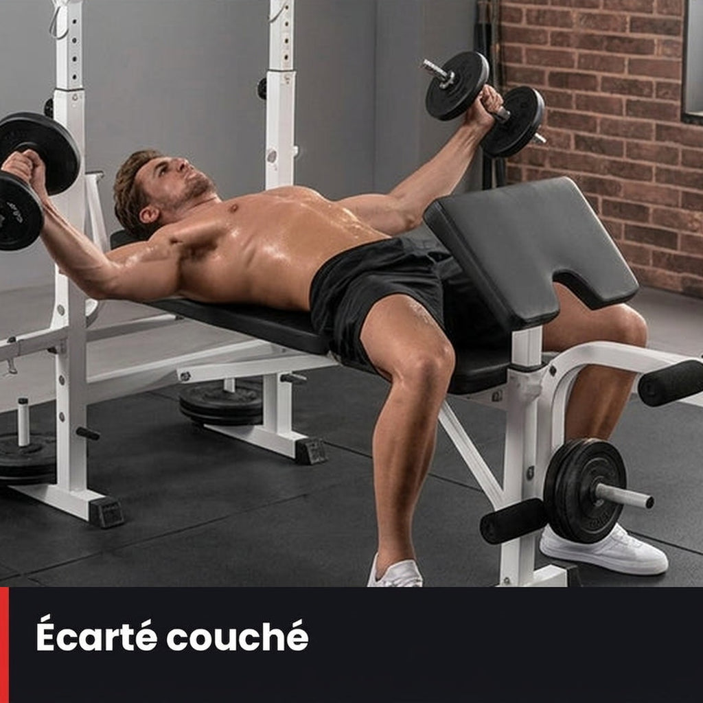 Banc de musculation multifonction avec support de barre – Curl pupitre & extension jambes