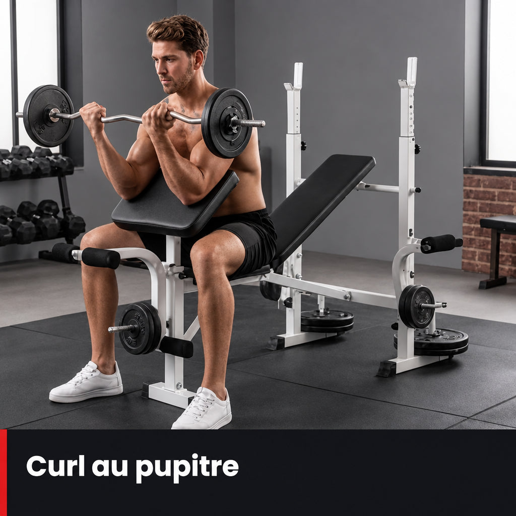 Banc de musculation multifonction avec support de barre – Curl pupitre & extension jambes