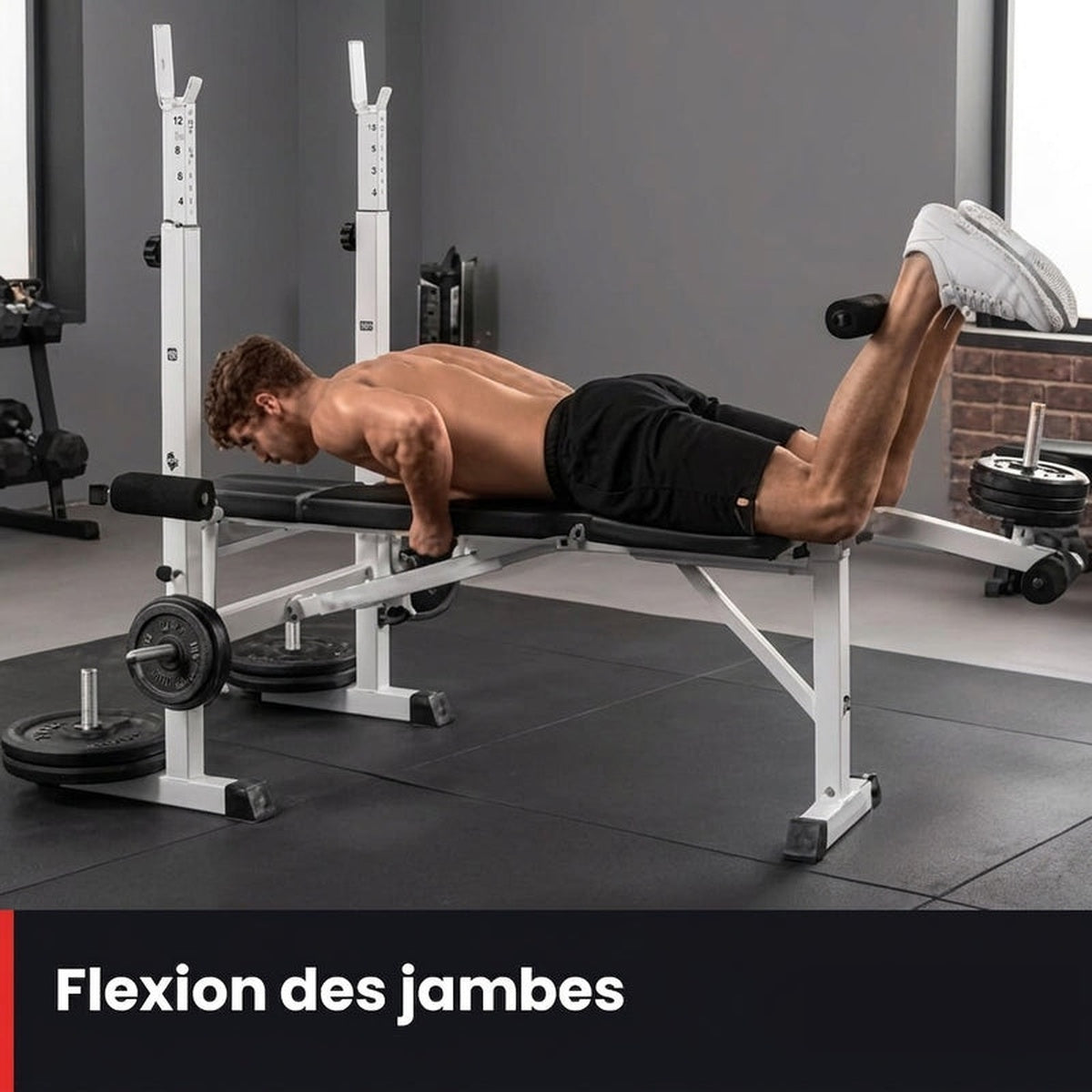Banc de musculation multifonction avec support de barre – Curl pupitre & extension jambes