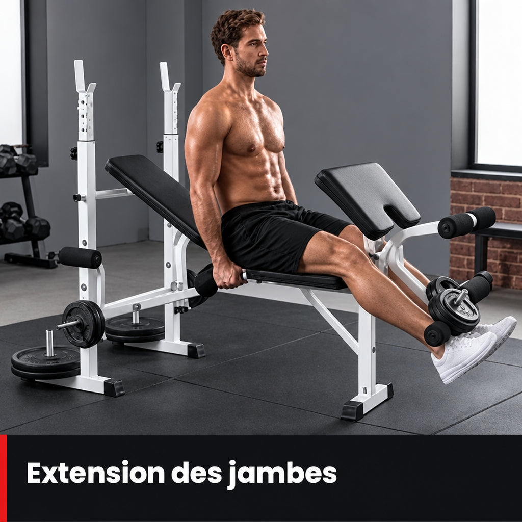 Banc de musculation multifonction avec support de barre – Curl pupitre & extension jambes