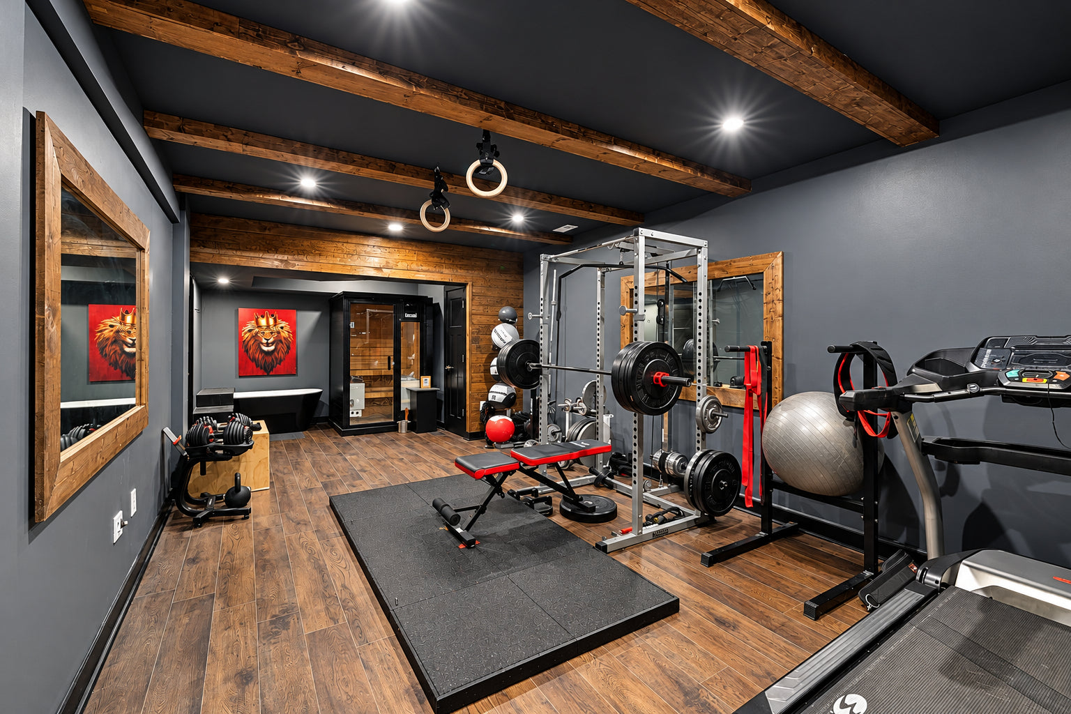 Salle de sport à domicile moderne avec tapis de course et haltères