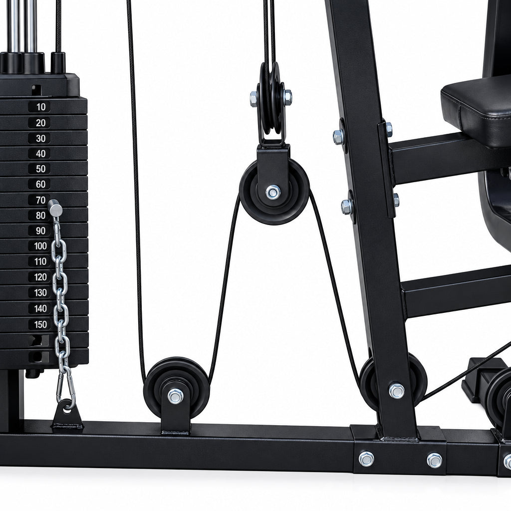 Station de musculation à charges guidées 41 kg – Butterfly, curl biceps, presse à jambes
