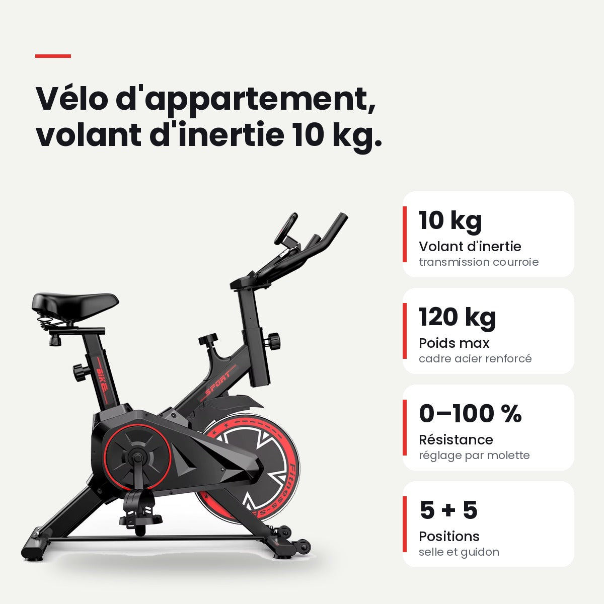 Vélo d'appartement S1 – Volant d'inertie 10 kg & résistance réglable