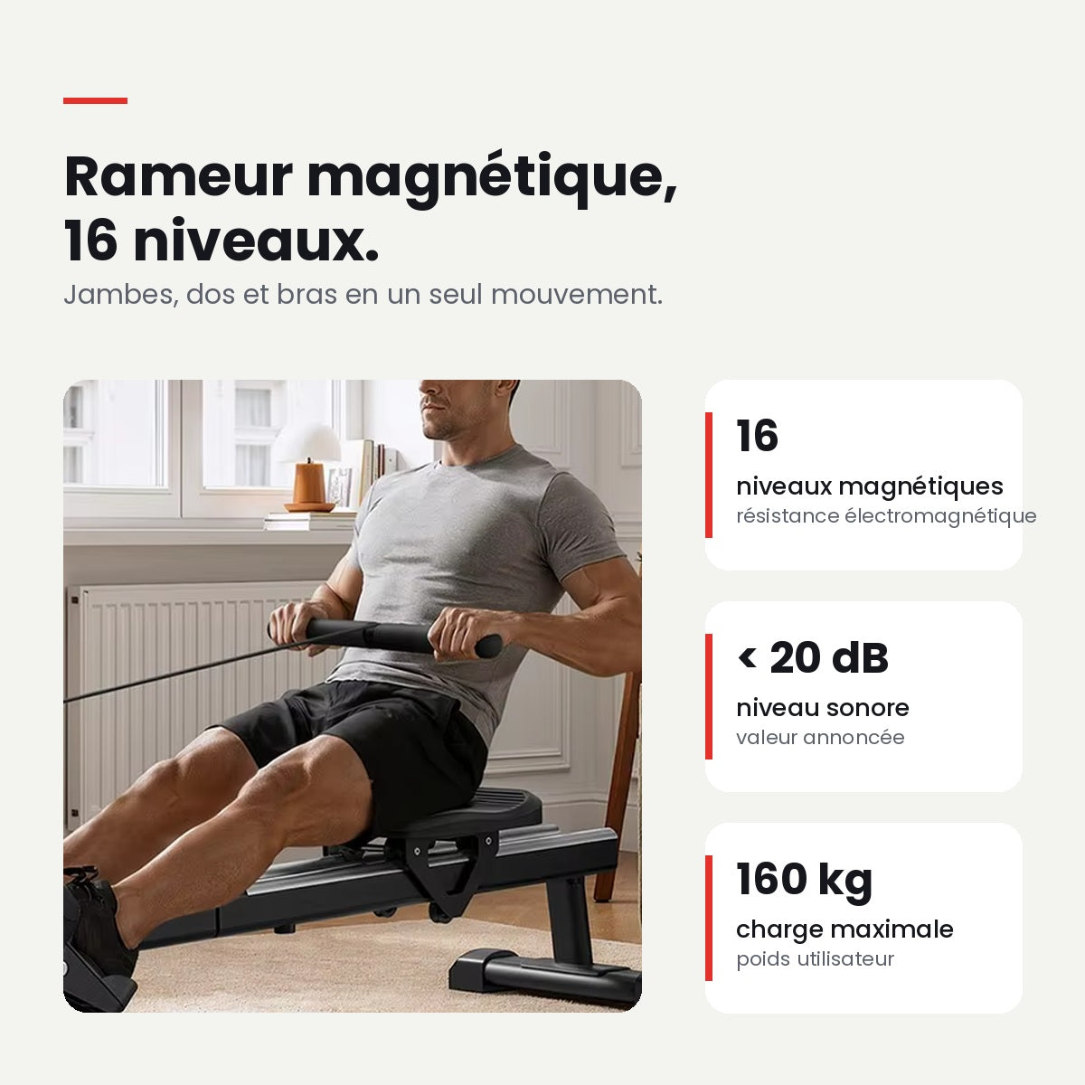 Rameur magnétique 16 niveaux – Rail 120 cm, support tablette, charge max 160 kg