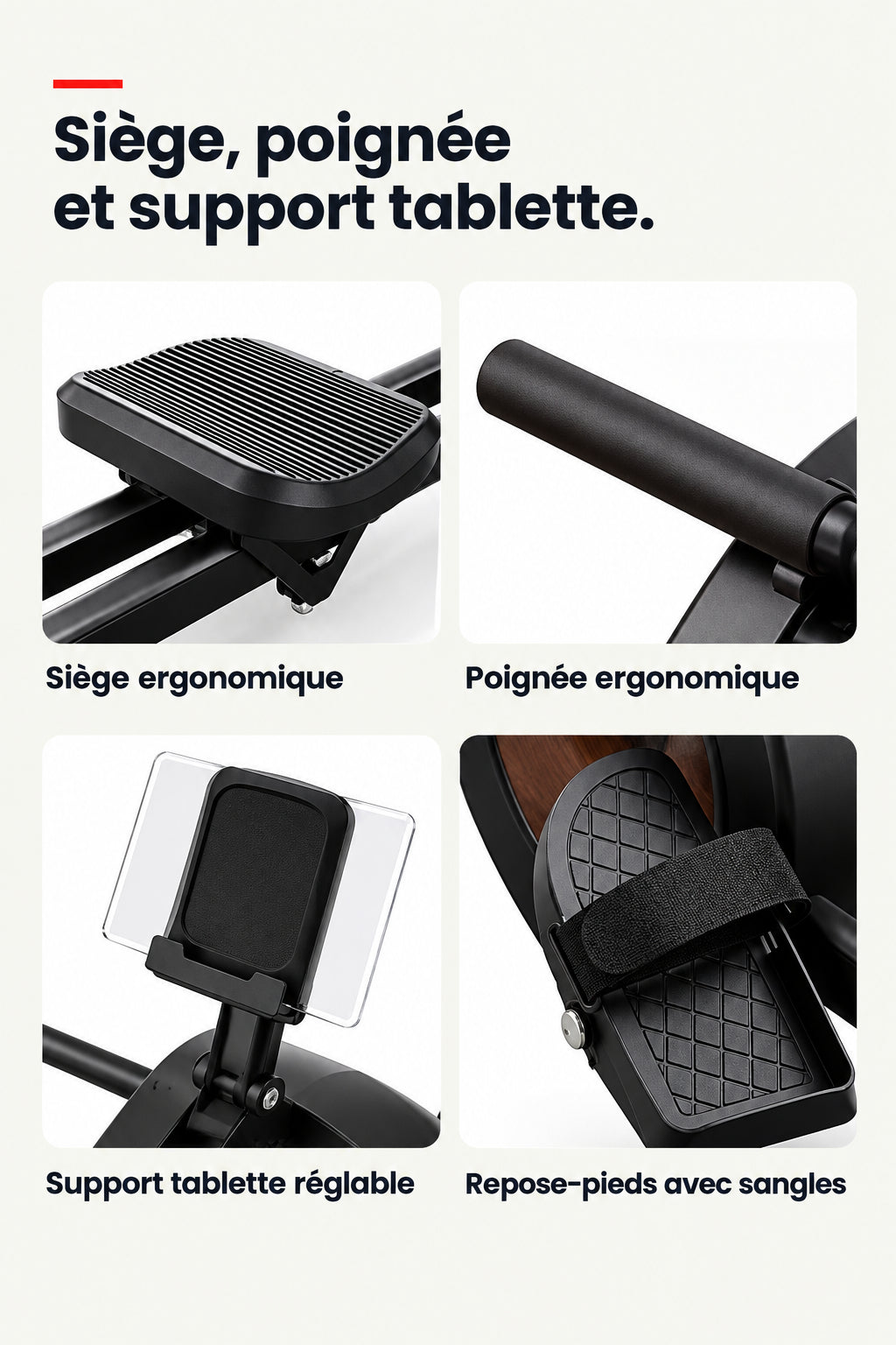 Rameur magnétique 16 niveaux – Rail 120 cm, support tablette, charge max 160 kg