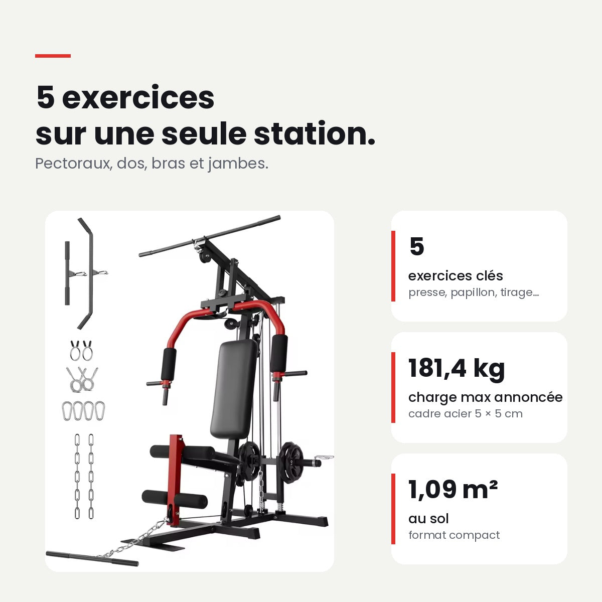 Station de musculation : 5 exercices, charge max 181,4 kg, 1,09 m² au sol