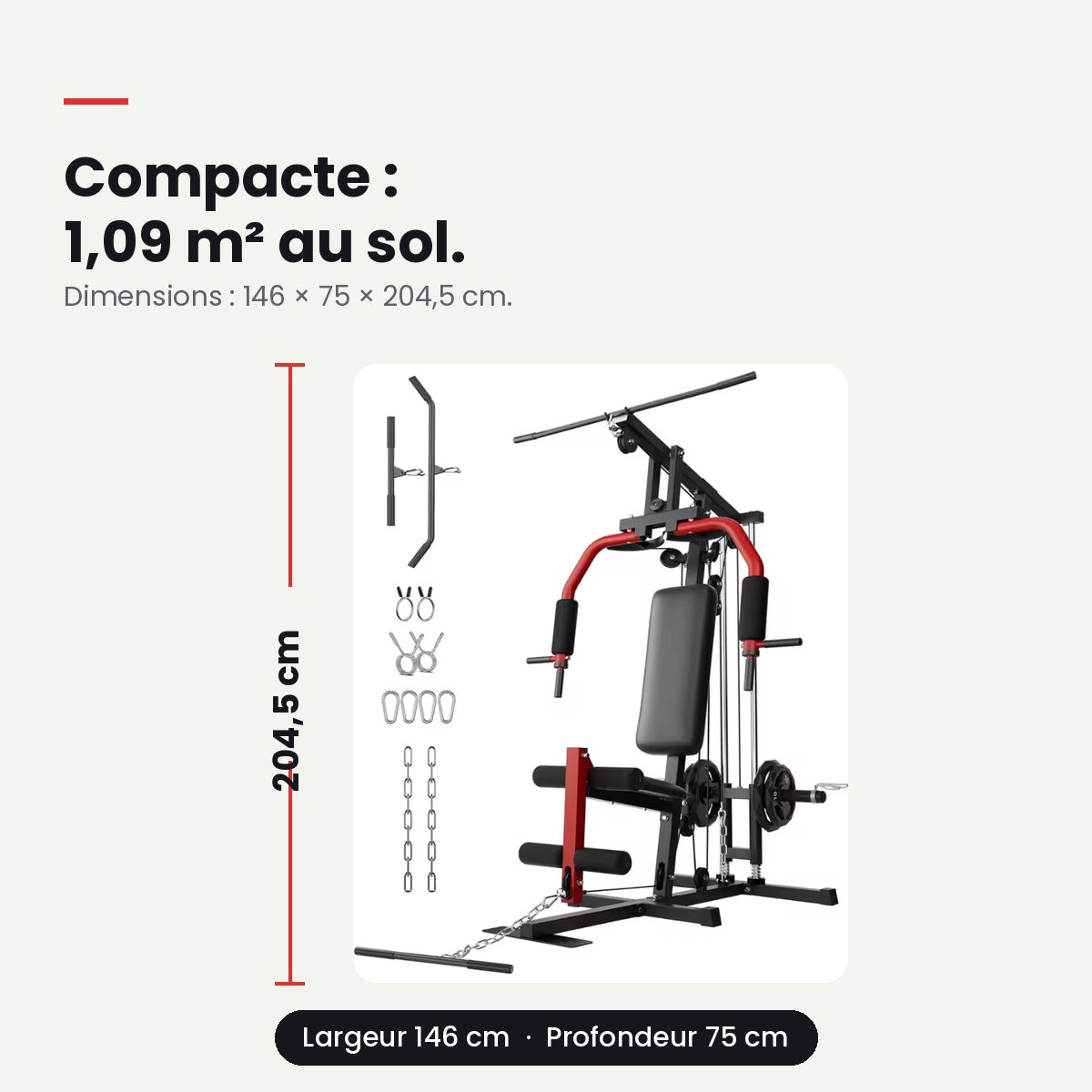 Dimensions de la station de musculation : 146 × 75 × 204,5 cm