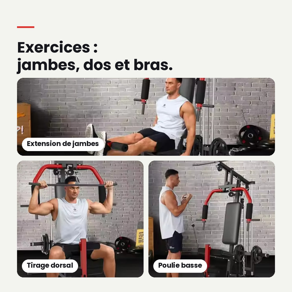 Extension de jambes, tirage dorsal et poulie basse sur la station de musculation