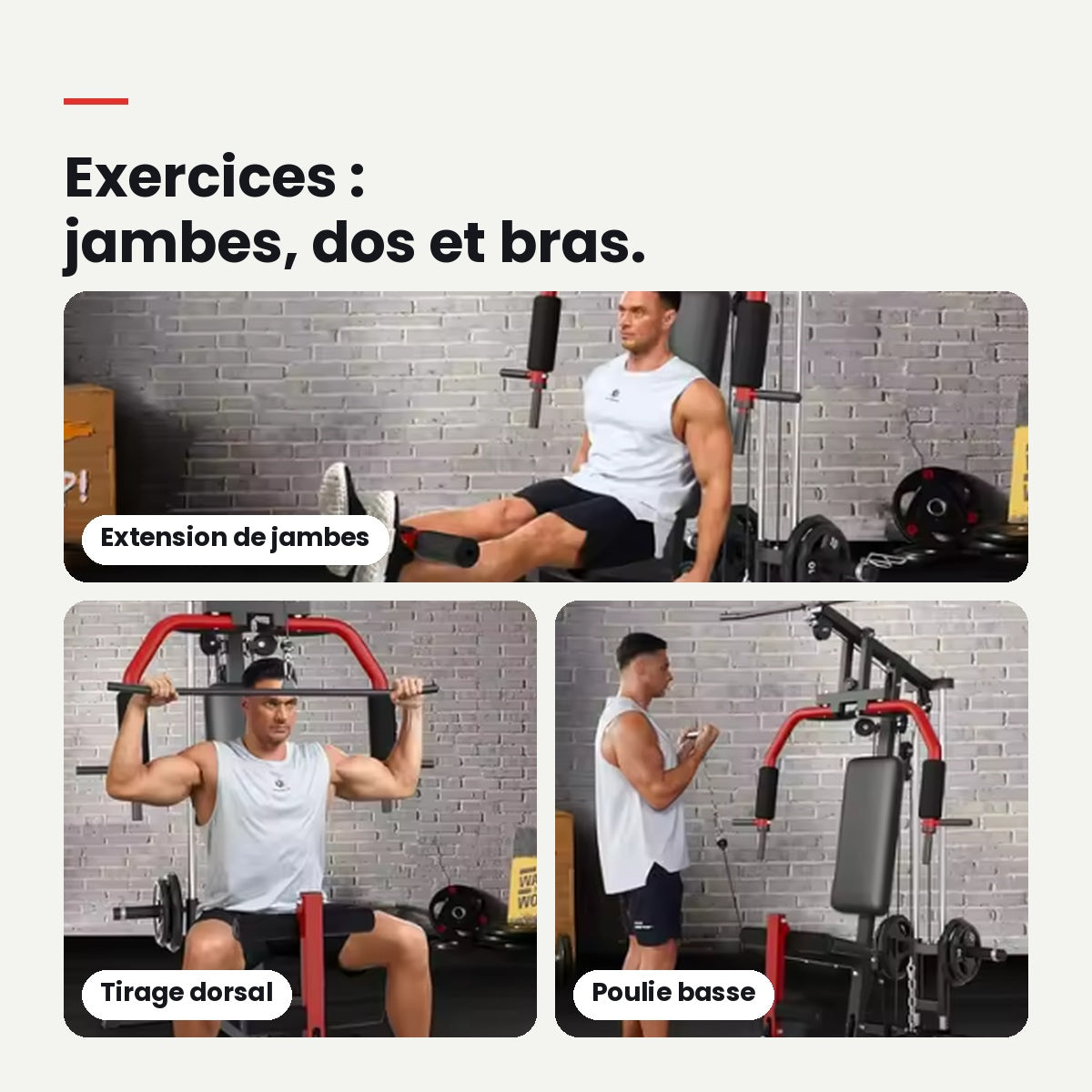 Extension de jambes, tirage dorsal et poulie basse sur la station de musculation